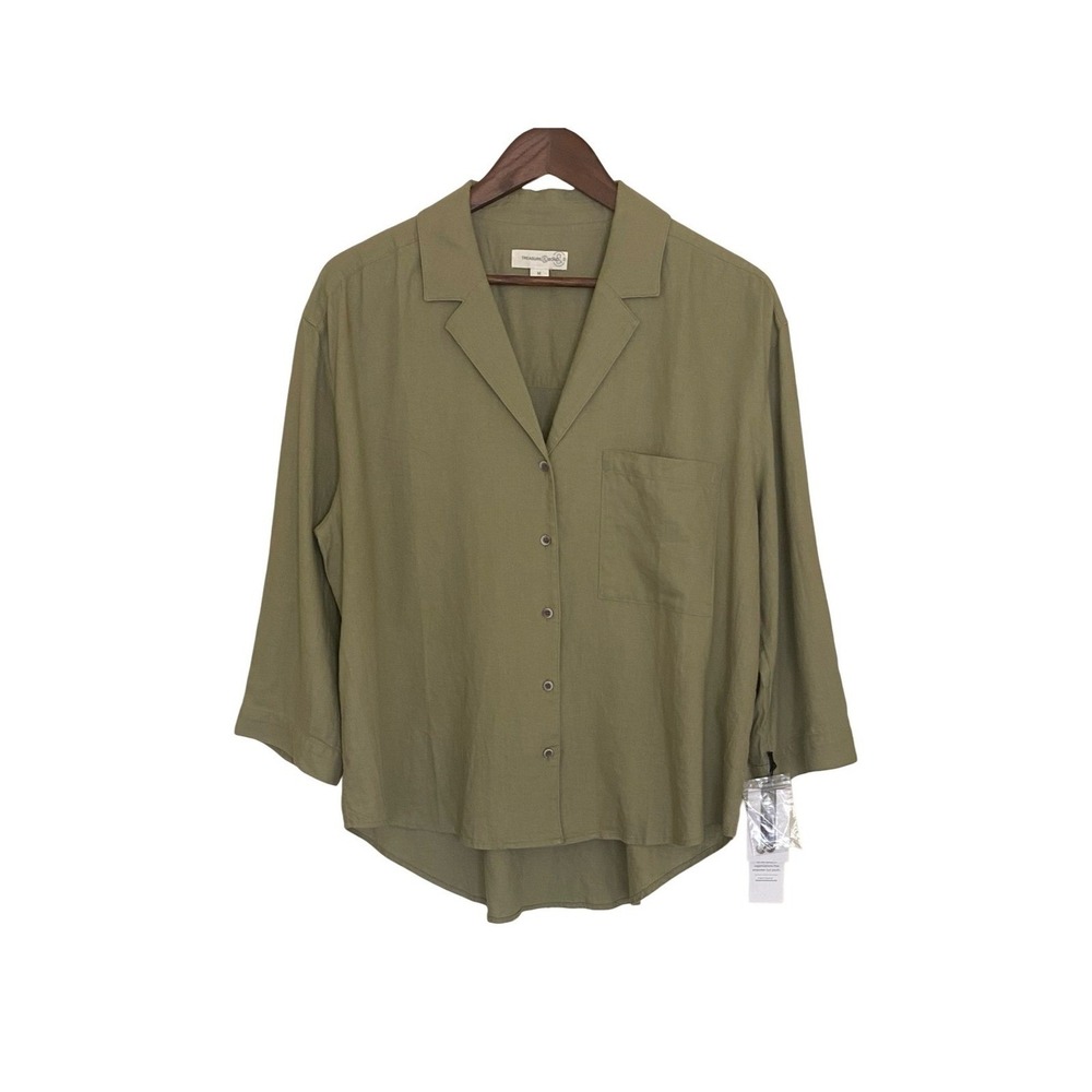 Treasure & Bond Womens Linen Blend Camp Shirt Olive Aloe Green 3/4 Sleeve M NEW